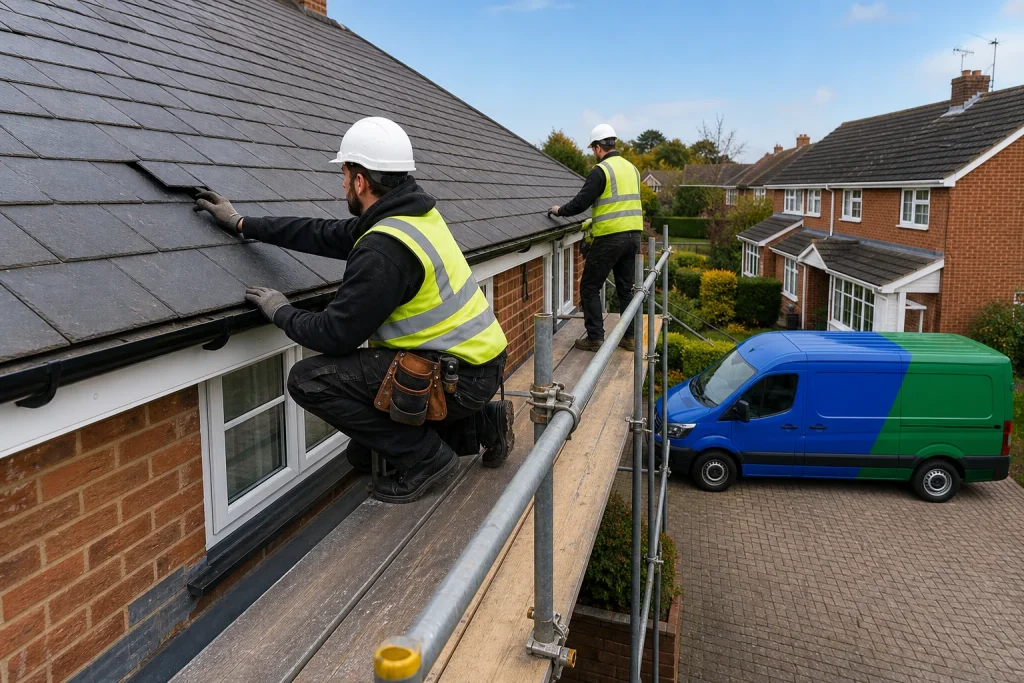 Roofer repairing tiles on a pitched roof